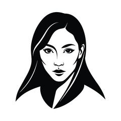 Stylized black and white illustration of a woman's face with long hair portrait