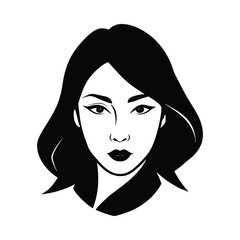 Black and white stylized portrait of a woman with dark hair face head