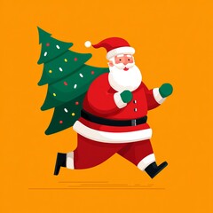 Santa Claus Running with Christmas Tree on orange background for Holiday Season. The image depicts Santa Claus running with a Christmas tree, perfect for seasonal designs.