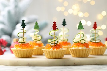 Christmas food. Tasty tartlets with red caviar, cream cheese, cucumber and decor on white marble...