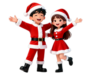 Two children in Santa Claus outfits are joyfully celebrating Christmas, exuding festive and cheerful vibes.
