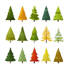 An arrangement of various stylized pine trees, each with a unique design and color palette. A collection perfect for design elements