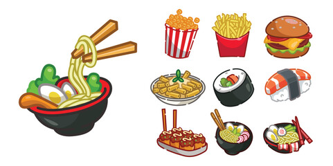 A colorful set of cartoon-style food icons including ramen, sushi, burger, fries, popcorn, takoyaki, and macaroni. Perfect for culinary, restaurant, or international cuisine-themed designs.