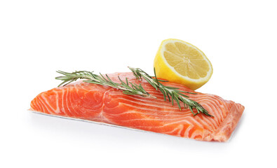 Piece of salmon fillet with rosemary and lemon isolated on white