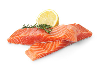 Pieces of salmon fillet with rosemary and lemon isolated on white