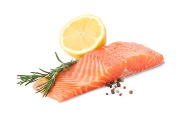 Piece of salmon fillet with spices isolated on white
