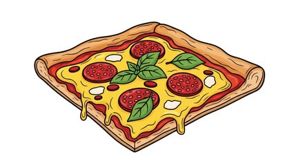 Isometric Slice of Pizza with Pepperoni, Cheese, and Basil Leaves