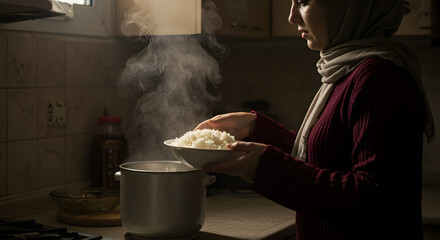 Woman Wearing Headscarf Holding Bowl of Steaming Rice in Kitchen