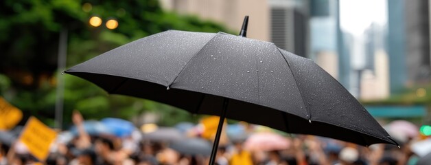 Rainy day protest in a bustling city as demonstrators gather under black umbrellas for a rally advocating for civic rights and freedoms