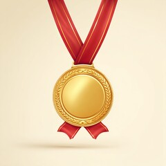 A gold medal hangs with a red ribbon against a soft backdrop, symbolizing accomplishment and victory. Its design includes intricate details