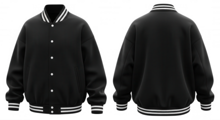 Black varsity jacket with white stripes isolated on a transparent background