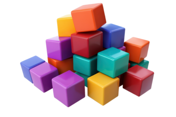 Colorful cubes stacked together on a transparent background creating a playful and vibrant display of shapes and colors