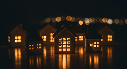 Miniature illuminated house models glowing warm lights at night in dark background