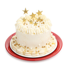 Delicious Christmas cake with festive decor isolated on white