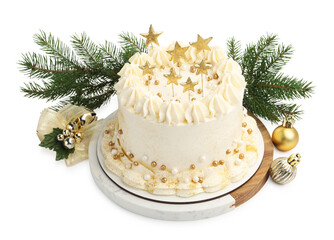 Delicious cake with Christmas decor isolated on white