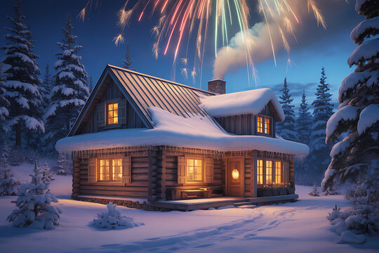 cozy wooden cabin in snowy forest, fireworks outside window