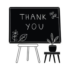Chalkboard with Thank You message and plants on stools writing