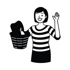 Cheerful young asian woman with short dark hair holding laundry basket waving vector