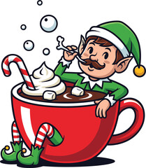 Cute Christmas elf relaxing in hot chocolate cup with whipped cream and candy cane festive holiday cartoon illustration
