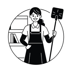 Woman in apron holding dustpan and brush with bookshelf female person