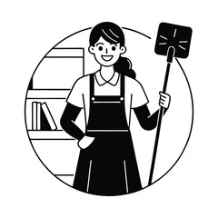 Black and white illustration of a woman holding a duster with books behind her vector