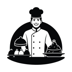 Smiling chef in white uniform and toque with covered dishes cooking food