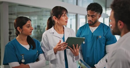 Doctor, tablet and team discussion in clinic for surgery schedule, task delegation or planning. Meeting, people and nurse group with digital app for hospital management, healthcare update or feedback - Powered by Adobe