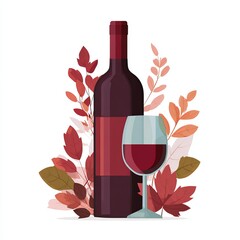 A bottle and a glass of red wine, surrounded by autumnal leaves. A sophisticated illustration depicting the rich colors and flavors of the drink. 