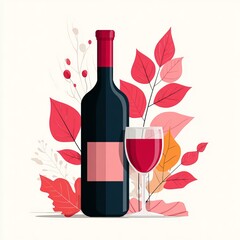 A wine bottle and glass with vibrant autumn leaves, creating a cozy and inviting scene