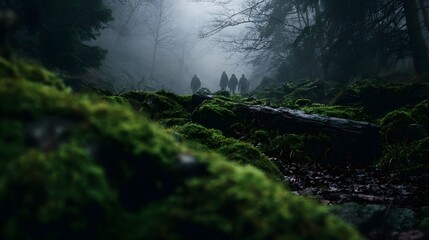 Naklejka premium A group of friends hike through a hazy moss covered forest clearing on a misty atmospheric trail
