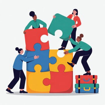 Diverse team collaborates building large puzzle pieces together symbolizing success and unity