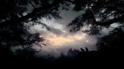 Fototapeta premium Two silhouetted birds perched on a rock against a moody cloudy sky at dusk