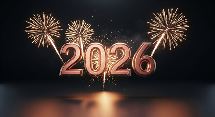Metallic 2026 Numerals with Fireworks on Dark Festive Background