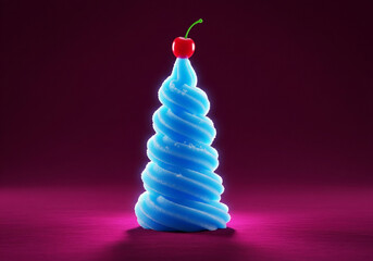 Glowing Blue Soft-Serve Swirl with Cherry on Magenta Background