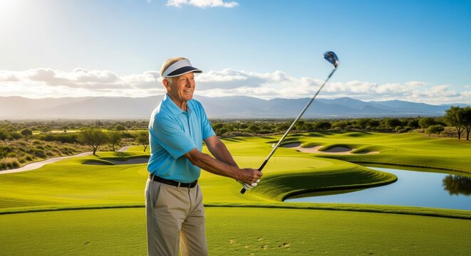 Senior Golfer Swinging Club on Lush Green Golf Course - Powered by Adobe