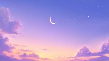 Dreamy crescent moon shines over soft pastel clouds at twilight, creating a serene and magical celestial backdrop for peaceful contemplation and wonder.