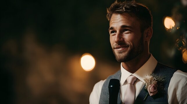 Man in formal attire speaking into a microphone at a night event with blurred lights