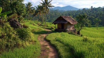 Fototapeta premium Serene Tropical Landscape with Rice Fields and Traditional Hut Surrounded by Lush Greenery and Palm Trees Under a Bright Blue Sky