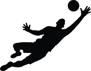 Silhouette of a soccer goalkeeper diving to save a shot with outstretched arms against a white background