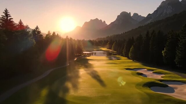 Picturesque Golf Course with Green Grass and Mountain Backdrop at Sunset with Trees and Golden Light Creates Serene and Scenic View for Adobe Stock Photo