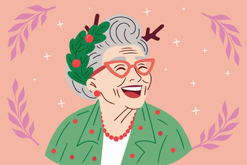 Joyful Senior Woman Laughing in Christmas Portrait Illustration