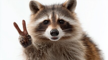 Obraz premium Raccoon makes a peace sign with its paw against a light background