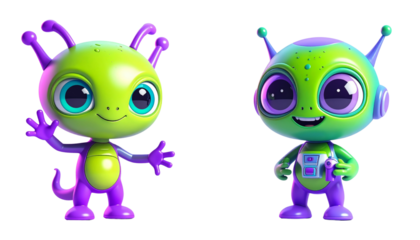 3D Alien Mascot with Antennas Bundle Isolated on Transparent Background