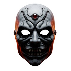 Naklejka premium Sinister White Mask with Intricate Details and Red Gem in Dim Lighting