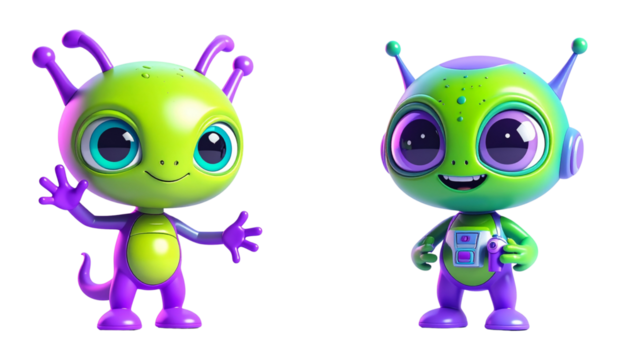 3D Alien Mascot with Antennas Bundle Isolated on Transparent Background