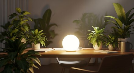 Create a calming workspace with lush green plants and warm ambient light for focus and relaxation, perfect for modern office designs and wellness promotions