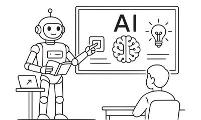 Robot Teacher Explaining AI Concepts to a Student, Online Advertising and SEO Analytics, Vector IllustrationSocial Media Marketing and Data Analysis, Flat Design, Creative Digital Business Tools 