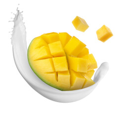 Milkshake splash and mango in air on white background