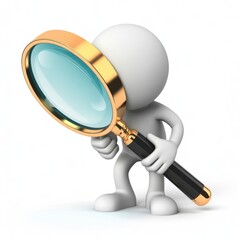 3d white character holding magnifying glass for close examination and discovery