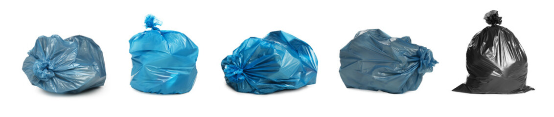 Fototapeta premium Garbage in plastic bags isolated on white, set